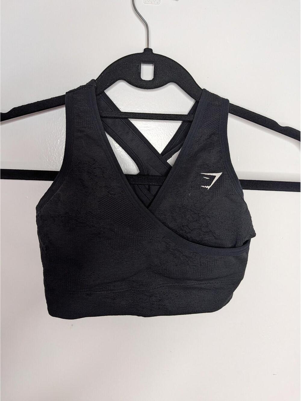 Gymshark Sports Bra Womens S Black Seamless Wrap Front Crossback Yoga Workout